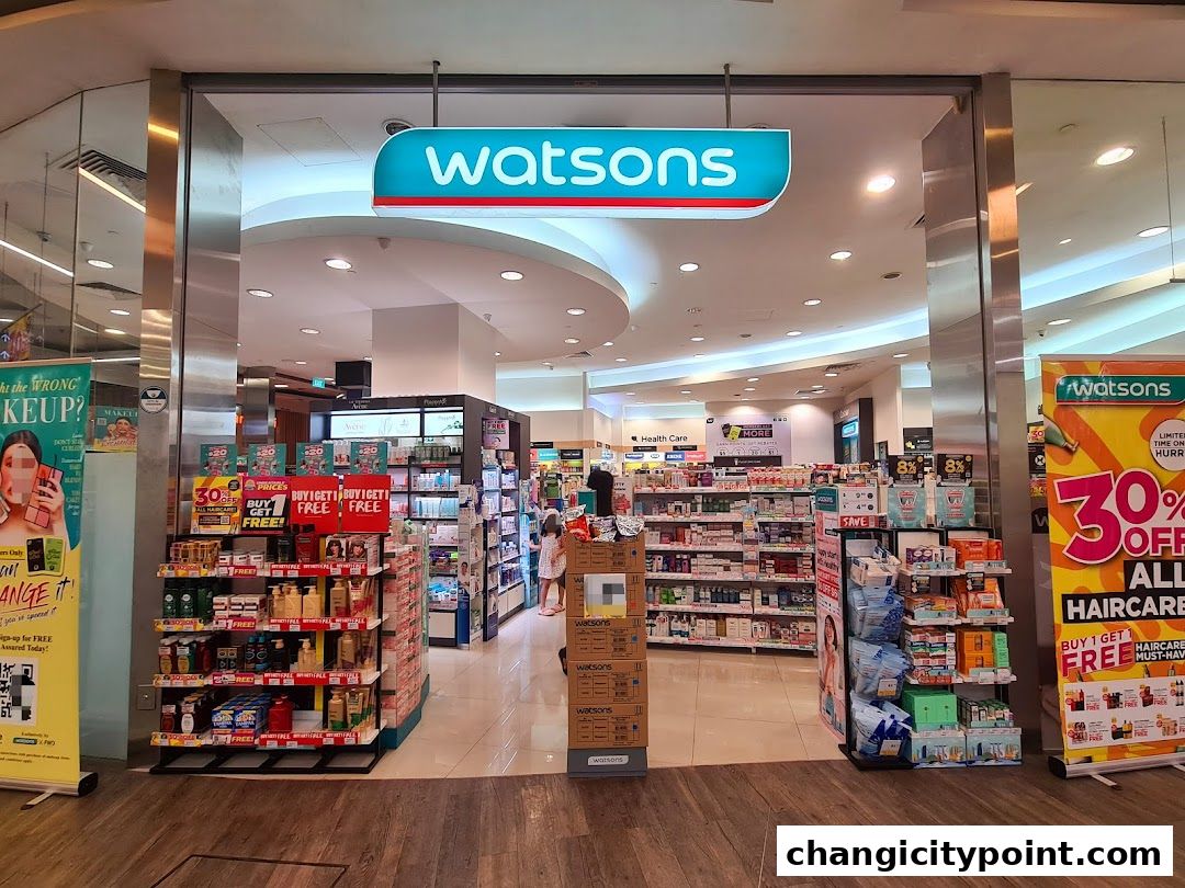 The entrance of a Watsons store, showcasing health and beauty products and promotions.