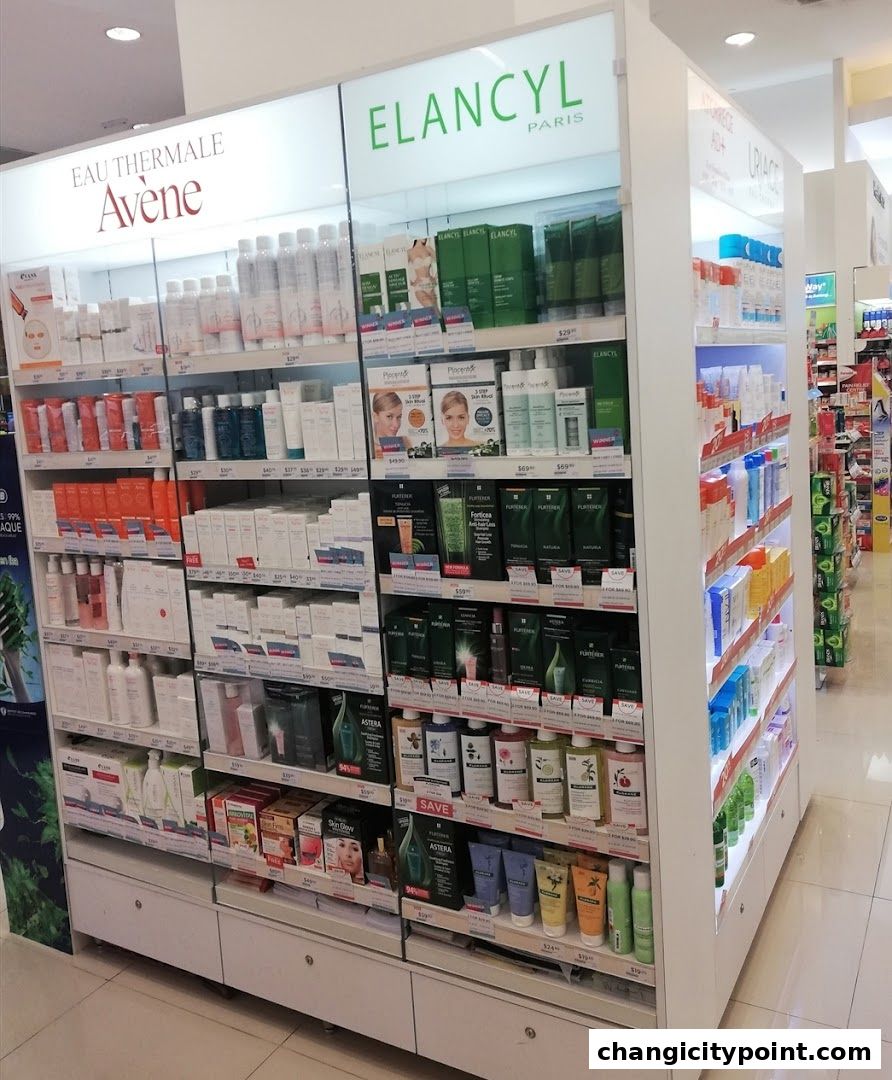 A well-lit display of skincare and beauty products from brands like Avene and Elancyl.