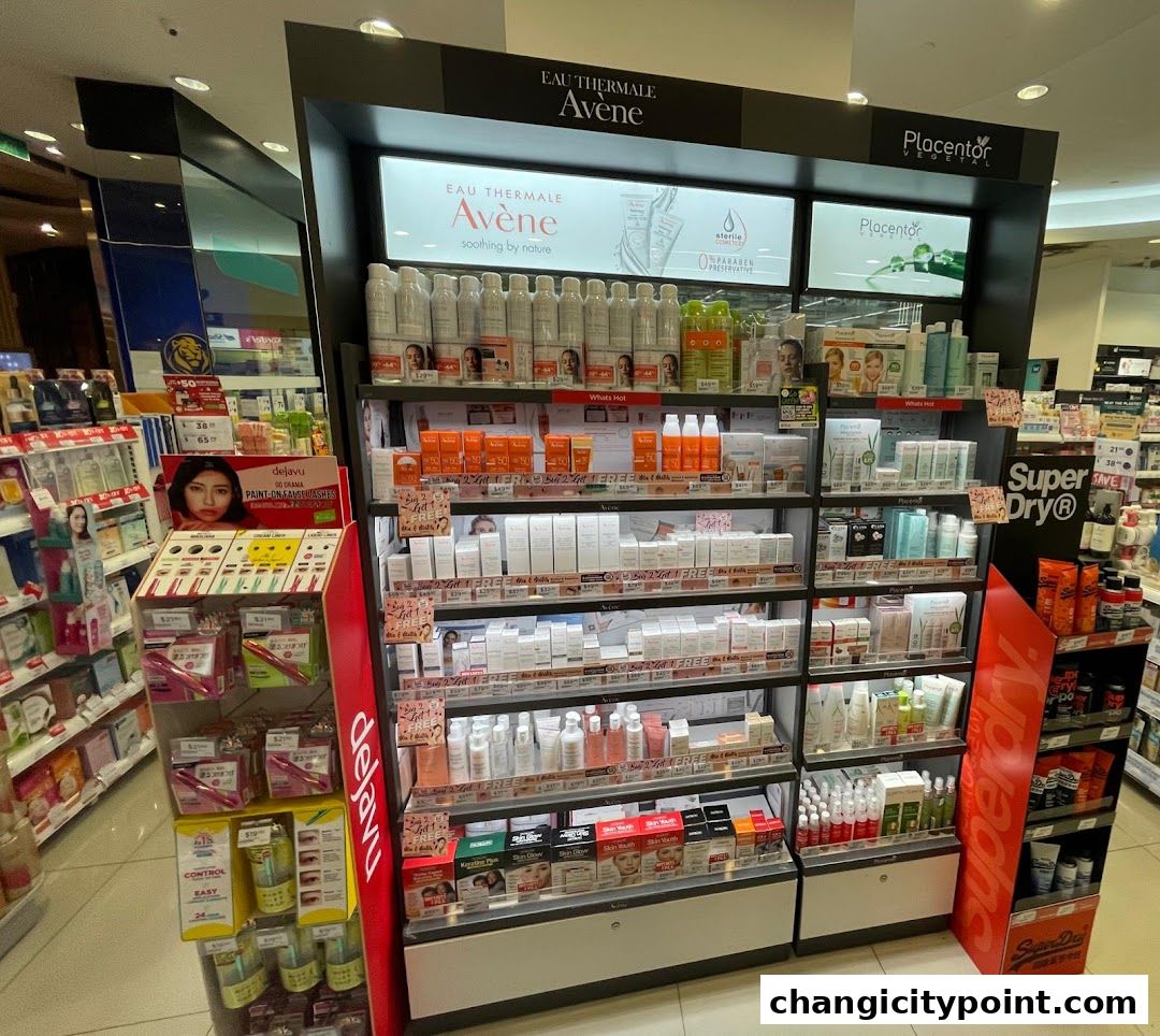 A display of skincare and beauty products from brands like Avene, Placentor, and Superdry.