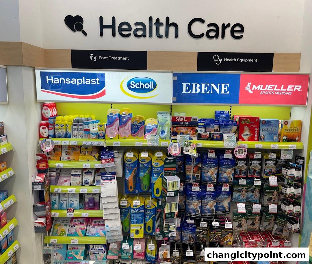 A display of health care products including foot treatments and sports medicine.