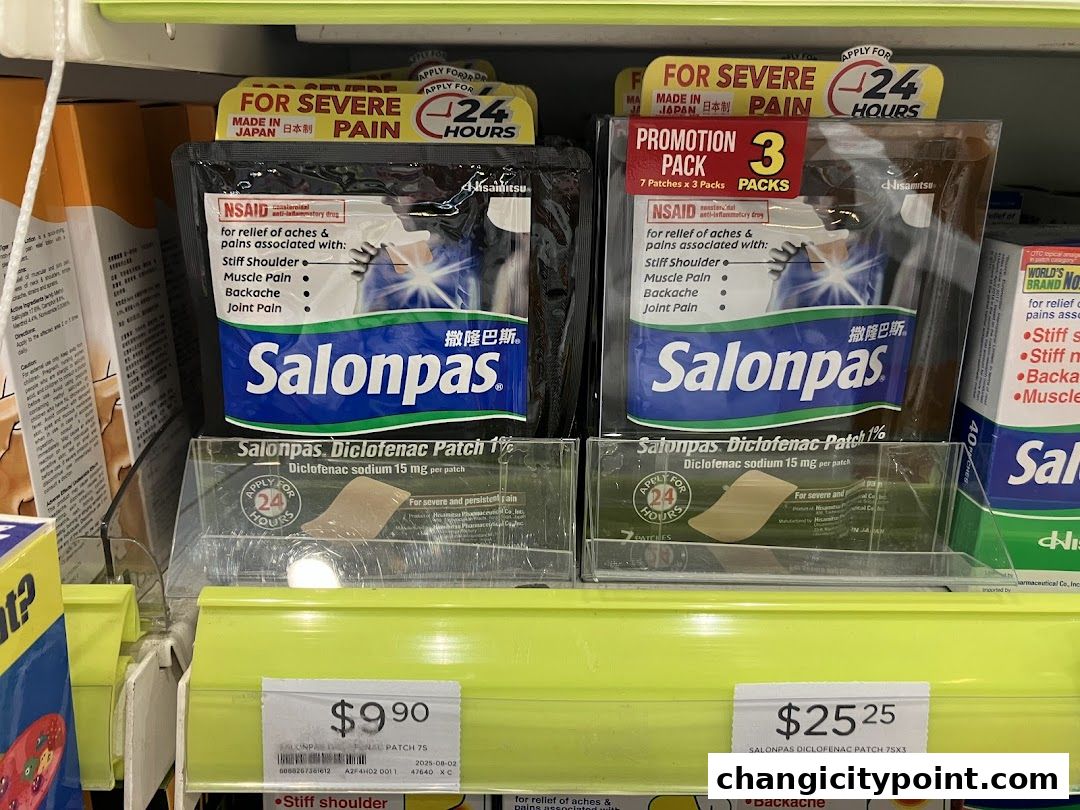 Salonpas Diclofenac patches for pain relief displayed on a retail shelf.