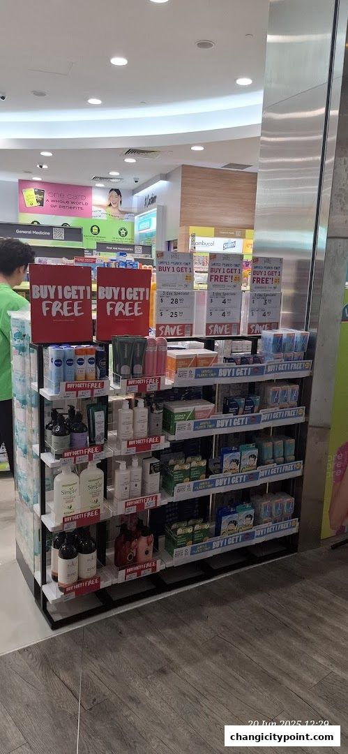 A Watsons store display featuring 'Buy 1 Get 1 Free' promotions on various health and beauty products.