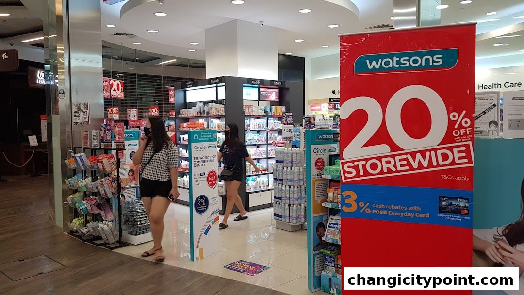 Watsons store with a large '20% Storewide' promotion banner and various health and beauty products.