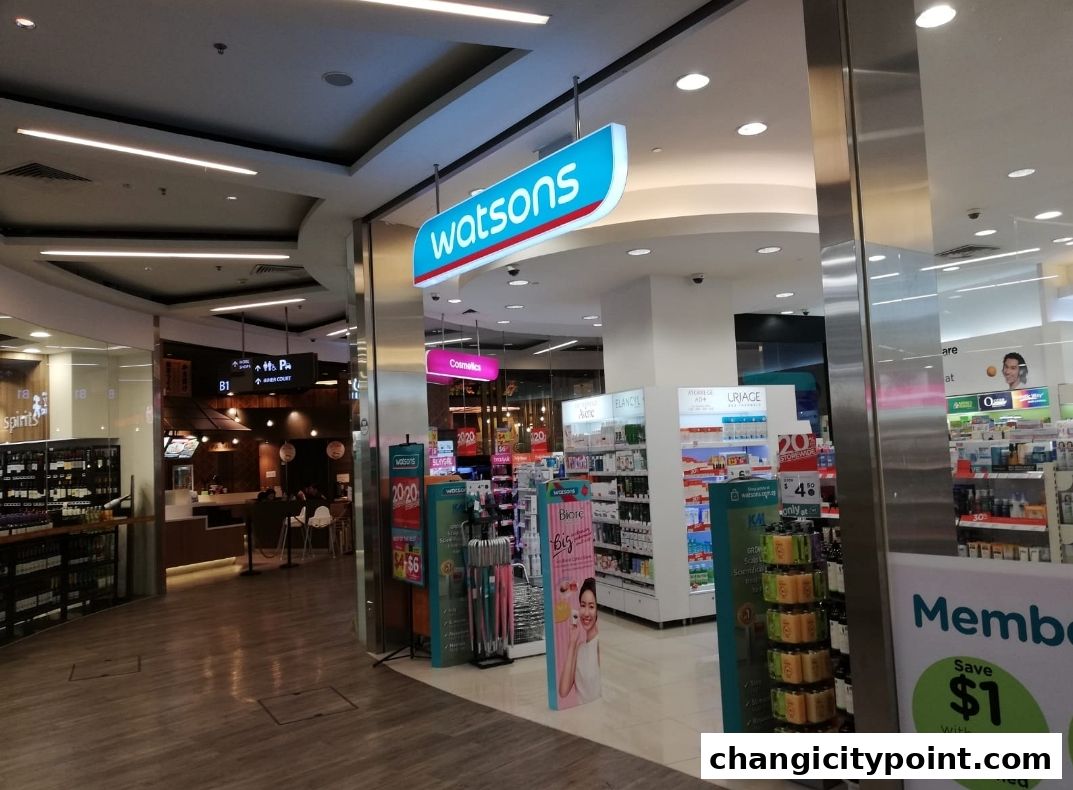 The entrance to a Watsons store, showcasing cosmetics and health products.