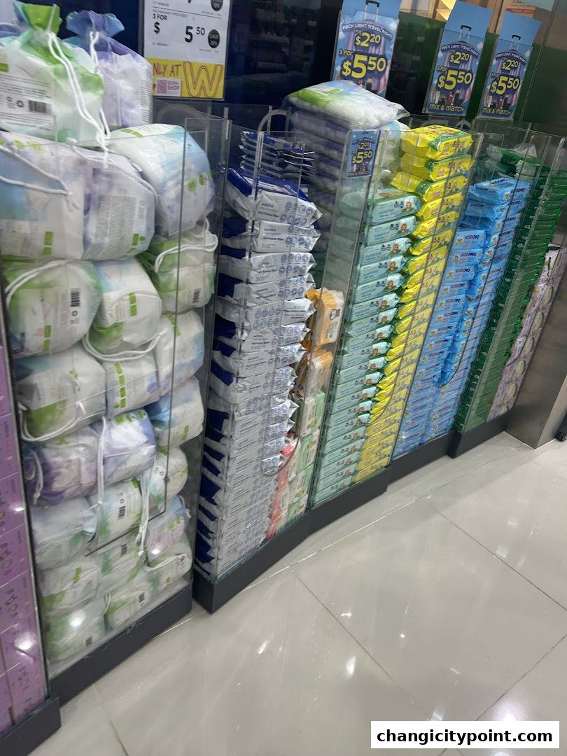 Watsons store display featuring stacked baby wipes and other personal care products.
