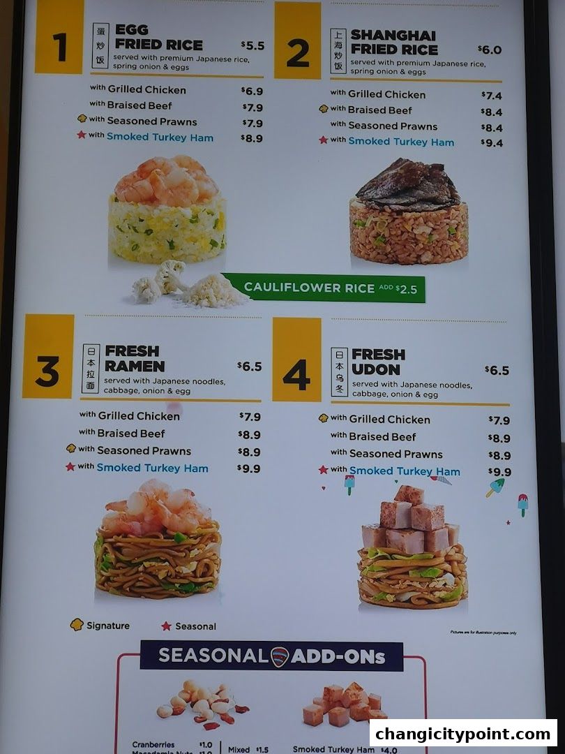 A menu board displaying Wok Hey's signature fried rice, ramen, and udon dishes with various protein options.