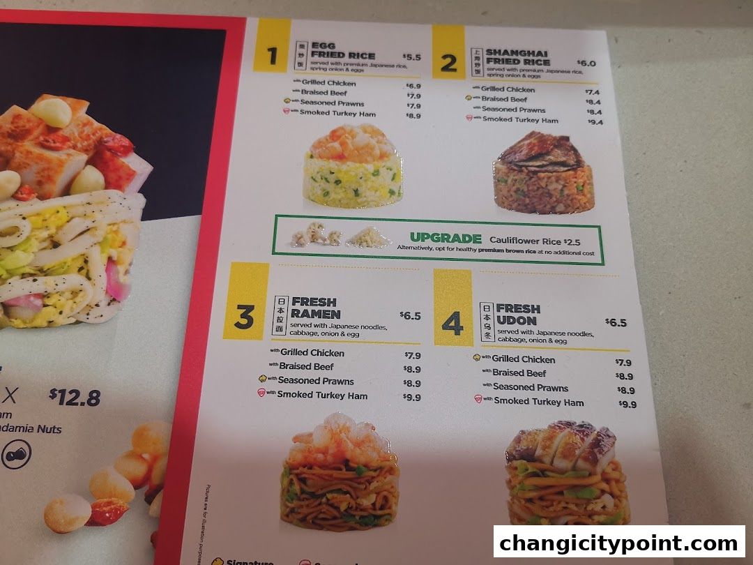 A menu from WOK HEY featuring fried rice, ramen, and udon dishes with various protein options.