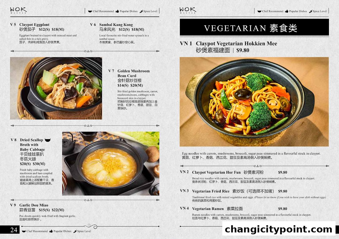 A menu page from Wok Master featuring vegetarian dishes with descriptions and prices.