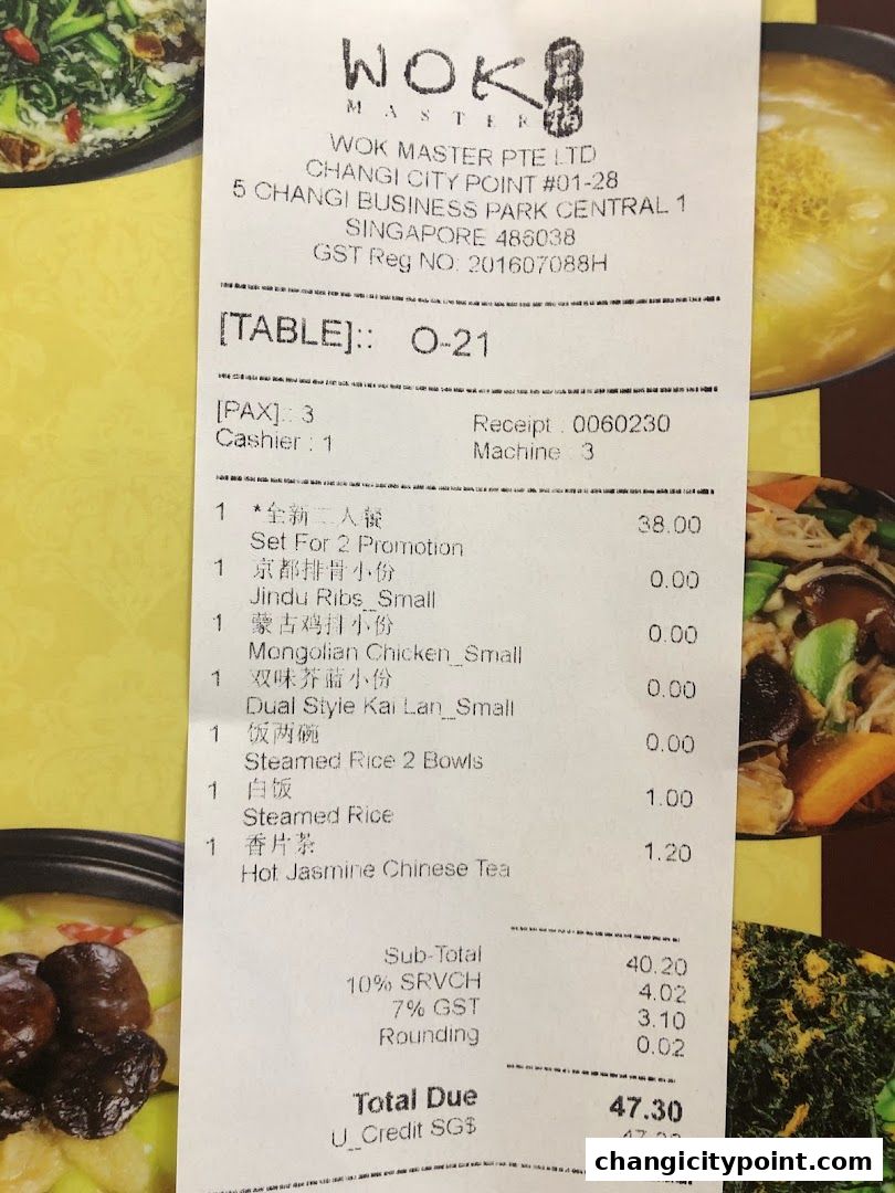 A receipt from Wok Master Changi City Point detailing a meal for 3 people.