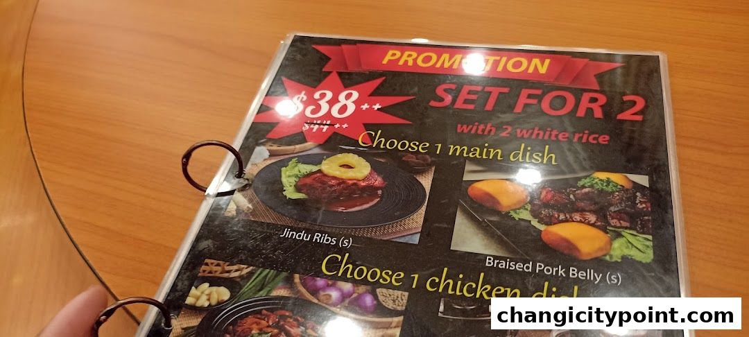 A menu featuring a $38 set for 2 with main and chicken dishes.