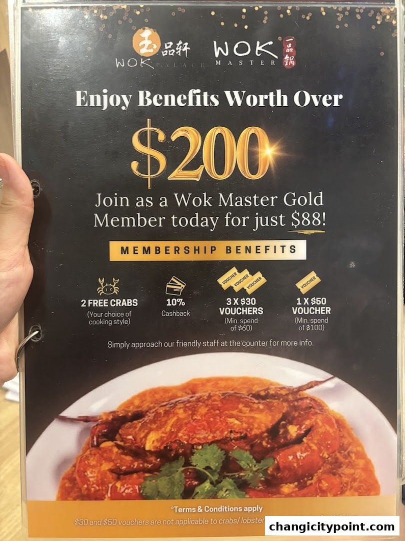 Wok Master Gold Membership benefits including free crabs, cashback, and vouchers.