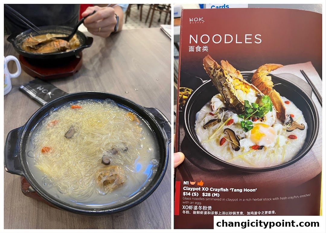 A menu from Wok Master featuring a claypot XO crayfish noodle dish.