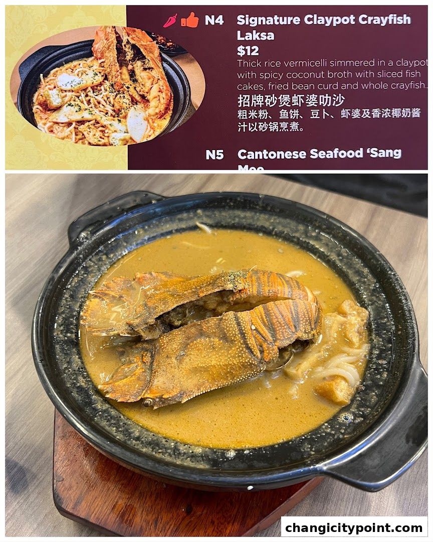 A close-up of a claypot crayfish laksa dish with menu details.