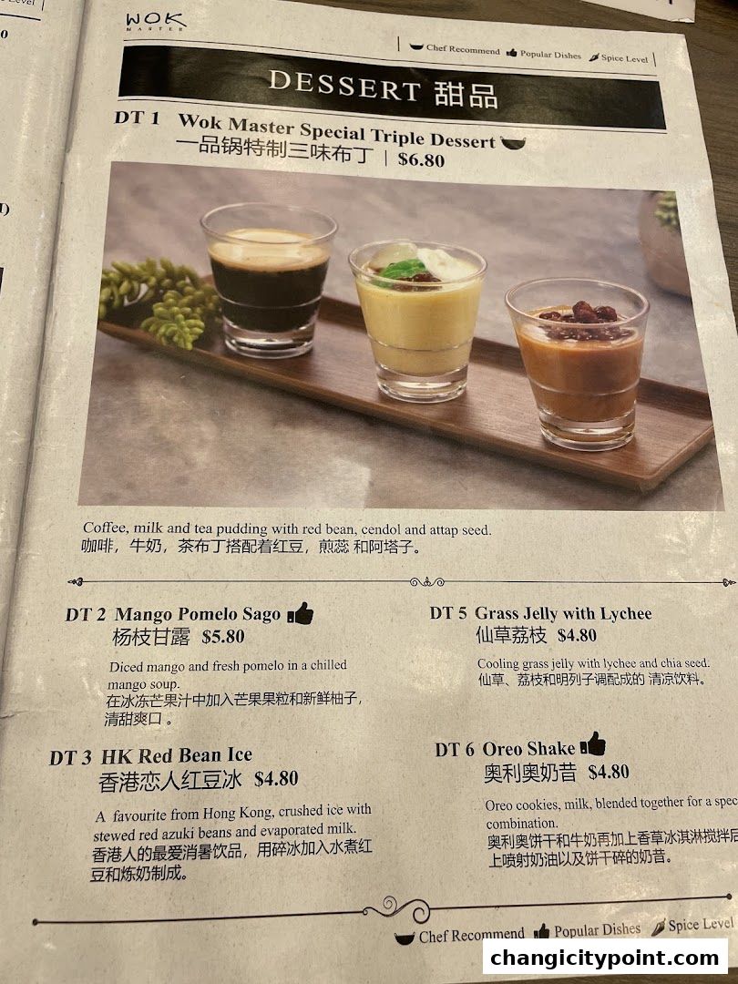 A menu page from Wok Master featuring desserts like triple dessert, mango pomelo sago, and Oreo shake.
