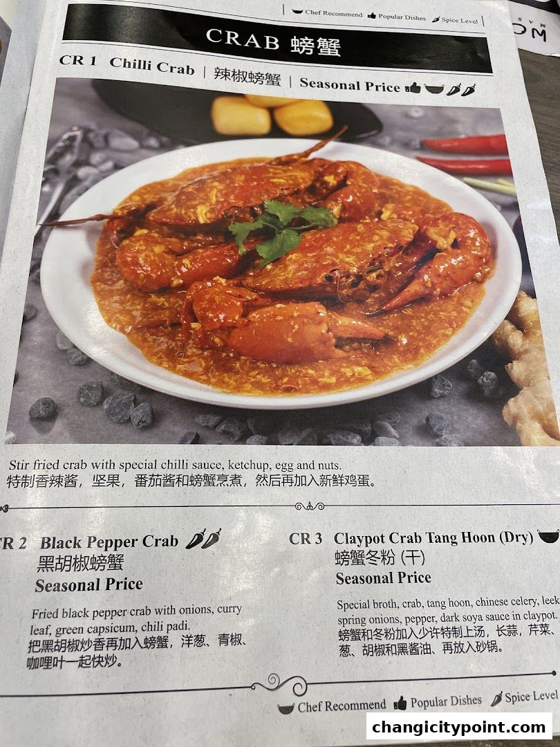 A menu page showcasing three crab dishes: Chilli Crab, Black Pepper Crab, and Claypot Crab Tang Hoon.