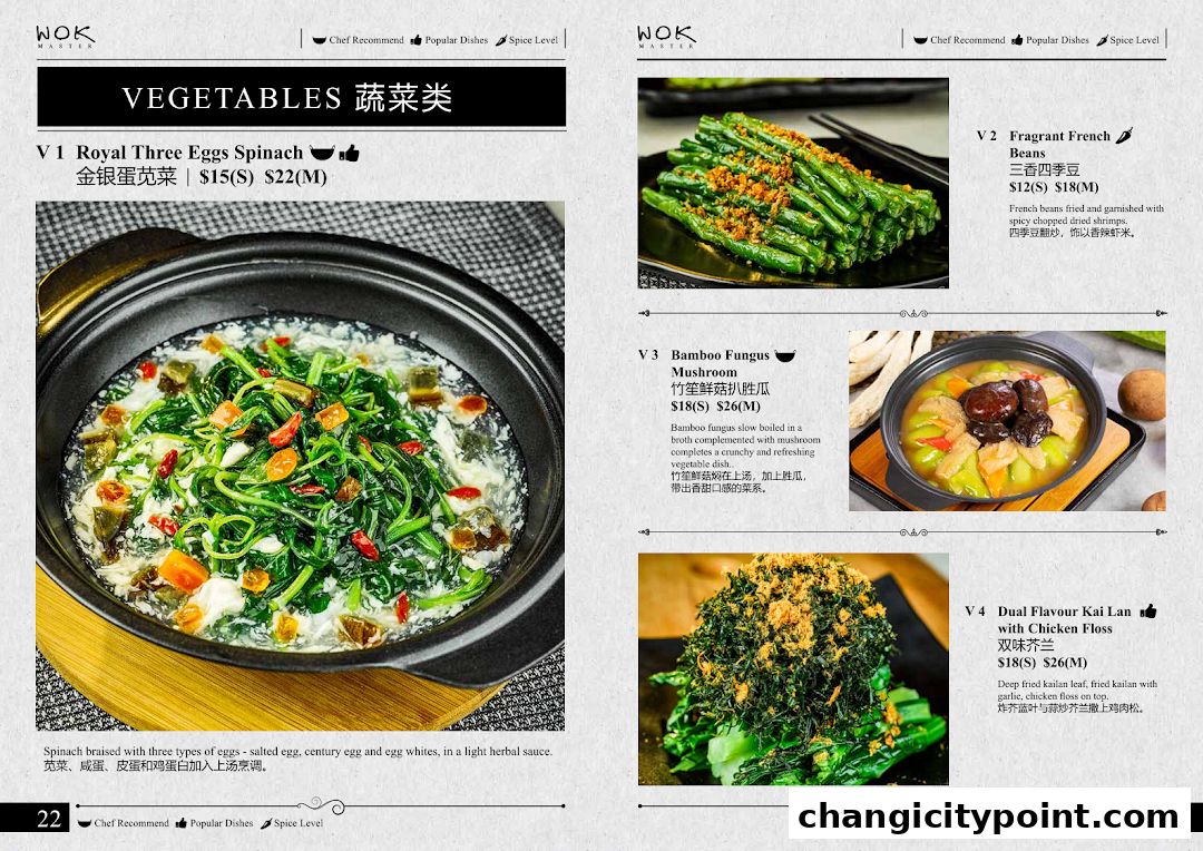 A menu page from Wok Master featuring vegetable dishes with images and descriptions.