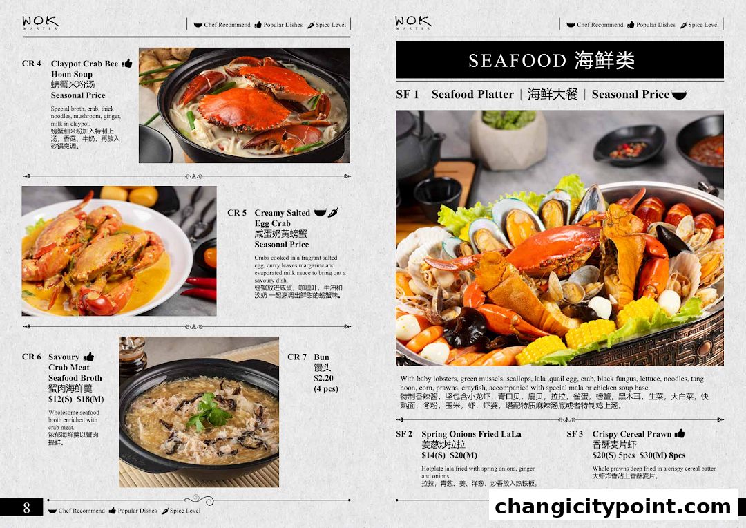 A menu page from Wok Master featuring seafood dishes like crab and prawns.