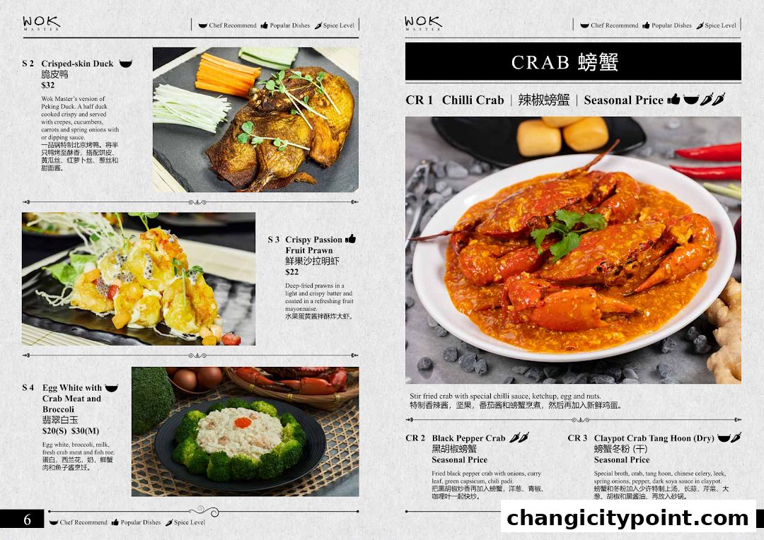 A menu page from Wok Master featuring Crisped-skin Duck, Crispy Passion Fruit Prawn, and various crab dishes.