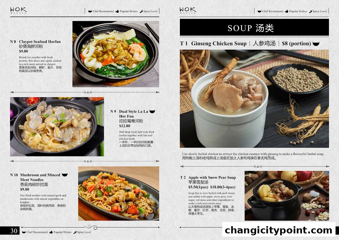 A menu page from Wok Master featuring noodle dishes and soups with descriptions and prices.
