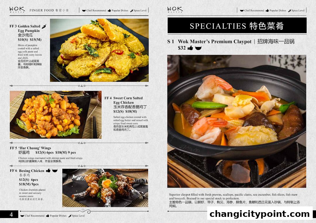 A menu from Wok Master featuring various finger foods and specialties with images.