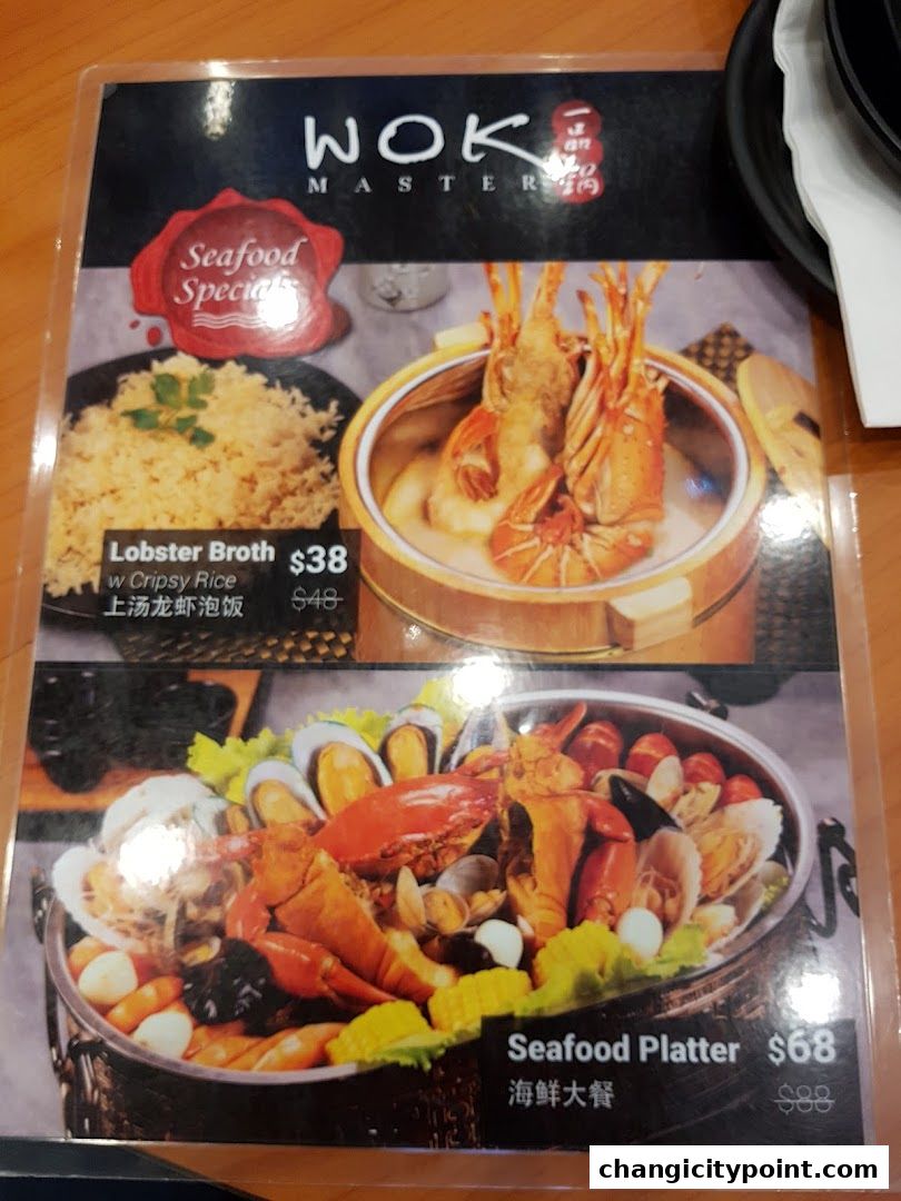 A menu from Wok Master featuring seafood specials like Lobster Broth and Seafood Platter.