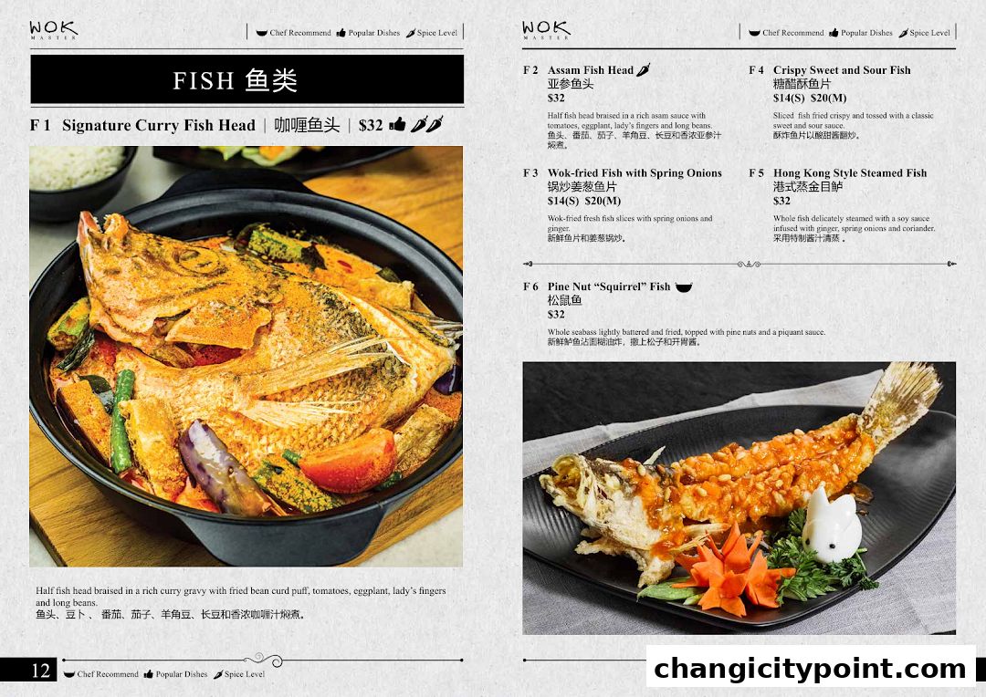 A menu page from Wok Master featuring various fish dishes with descriptions and prices.