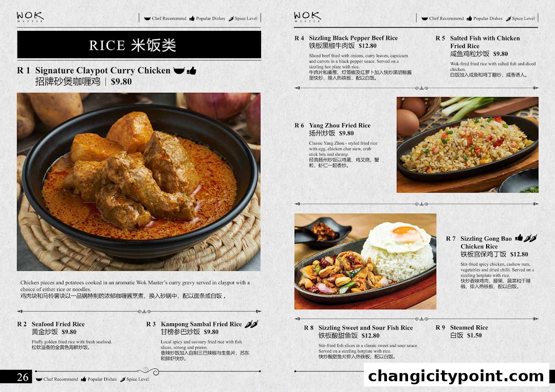 A menu page from Wok Master featuring rice dishes with descriptions and prices.