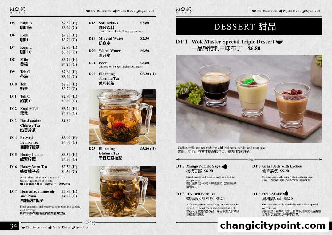 A menu from Wok Master featuring drinks and desserts with prices.