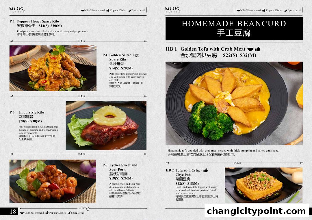 A menu page from Wok Master featuring various pork rib and tofu dishes with descriptions and prices.