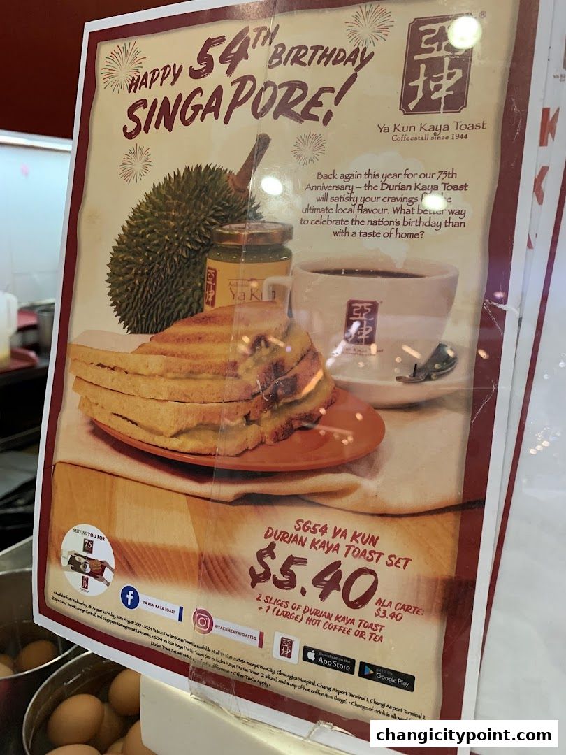 A promotional poster for Ya Kun Kaya Toast's Durian Kaya Toast set celebrating Singapore's 54th birthday.