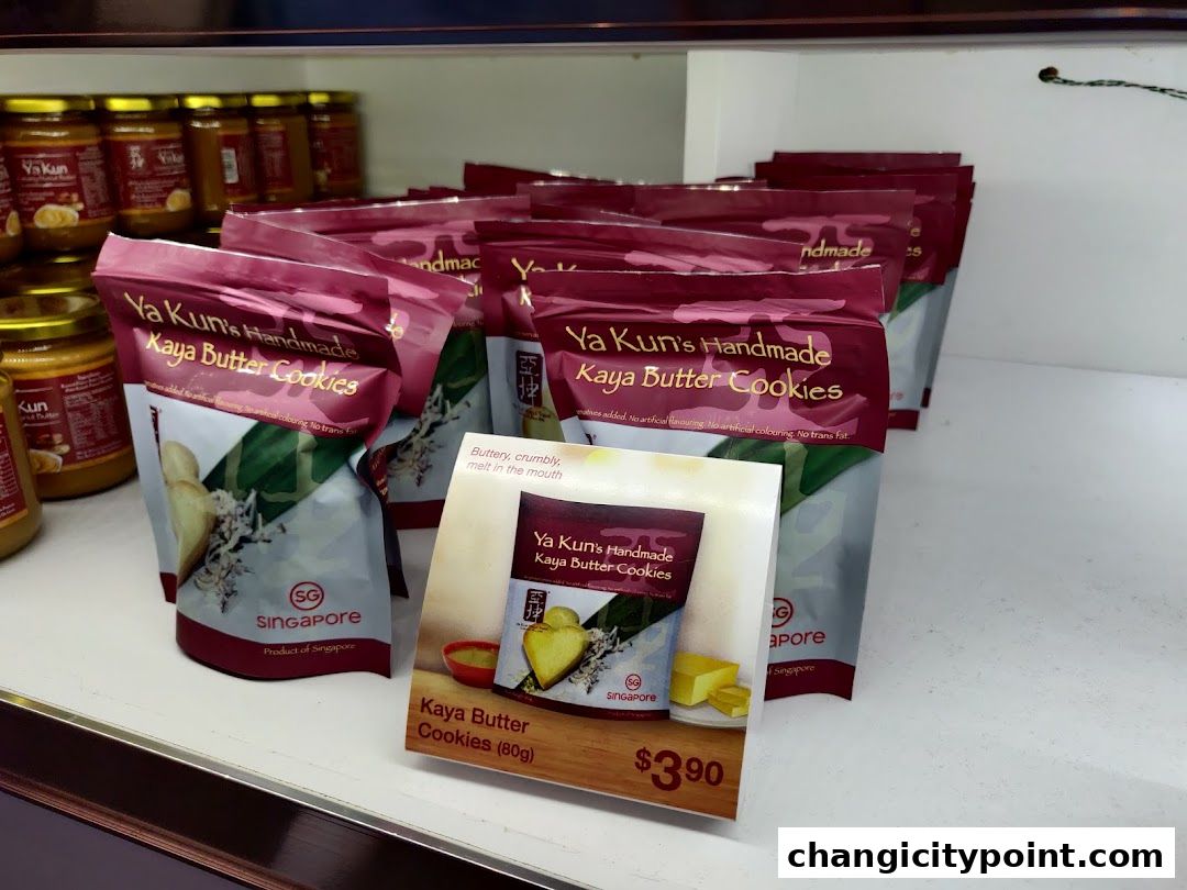 Ya Kun Kaya Butter Cookies displayed in packaging and jars on a shelf.