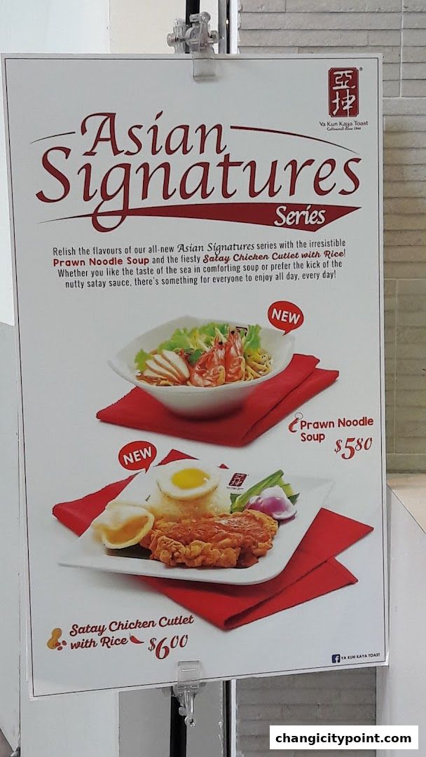 A sign showcasing Ya Kun Kaya Toast's new Asian Signatures series with two dishes.