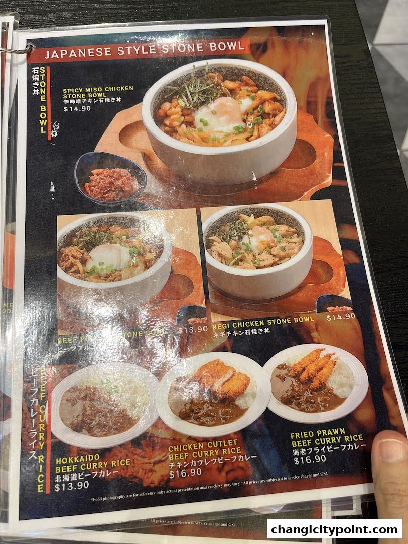 A menu featuring Japanese style stone bowls and beef curry rice dishes.