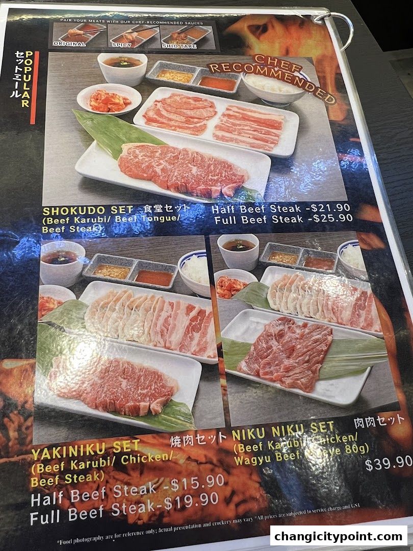 A menu showcasing various Yakiniku sets with beef and chicken options.
