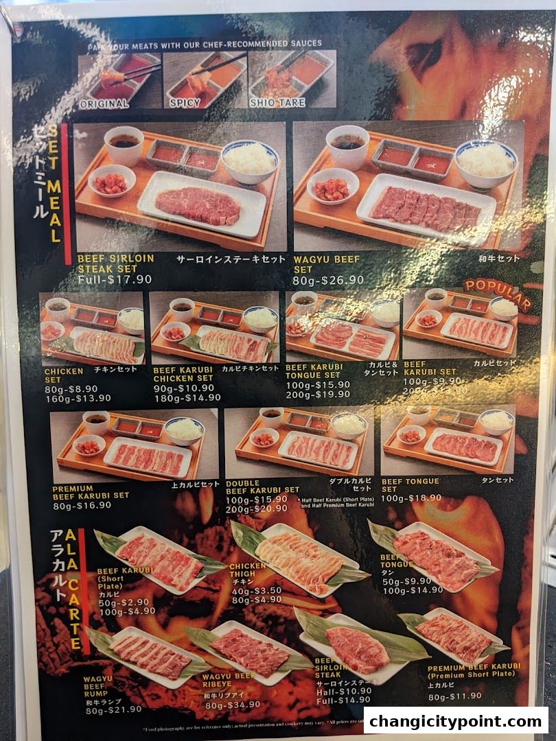 A menu showcasing various beef and chicken sets and a la carte options for yakiniku.