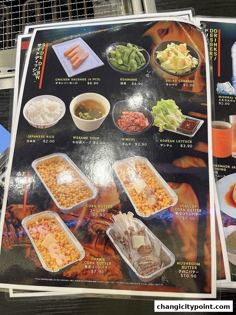 A menu featuring various side dishes like corn butter, sausages, and rice for a yakiniku restaurant.