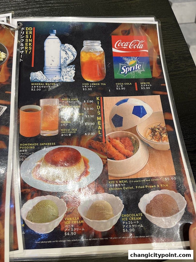 A menu featuring drinks, desserts, and a kids' meal with prices.