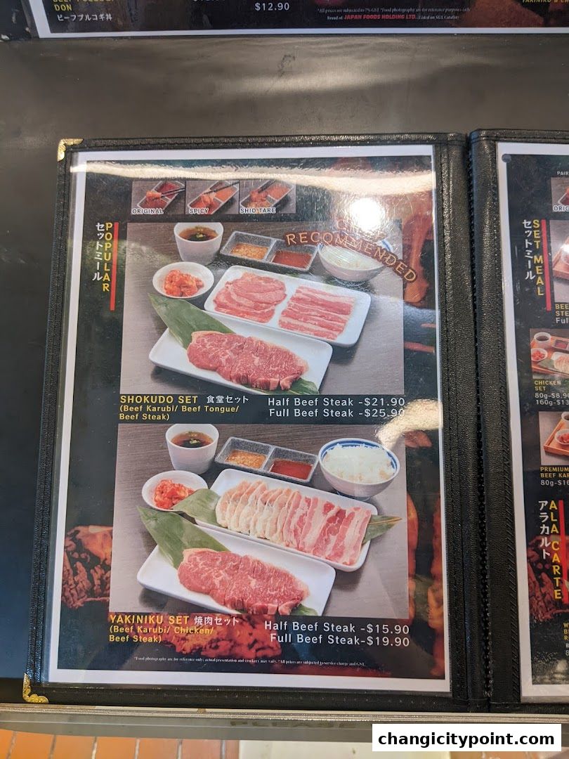 A menu featuring recommended yakiniku sets with beef and chicken options.