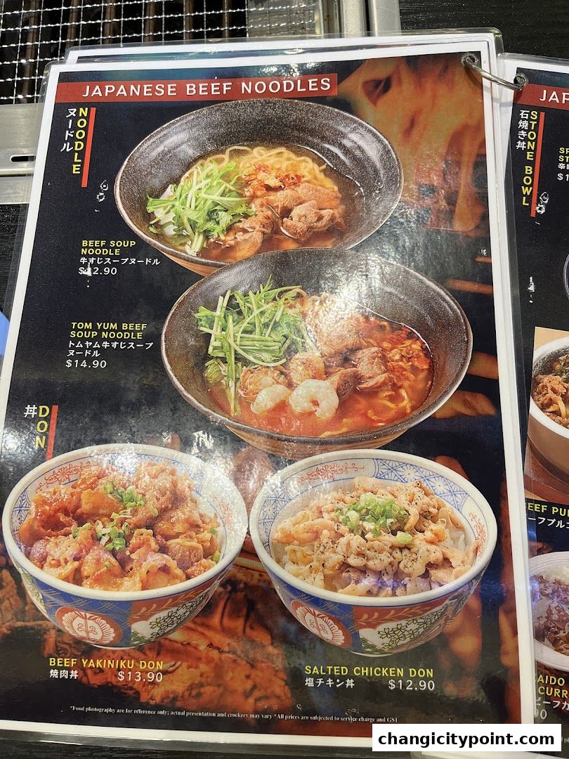 A menu showcasing Japanese beef noodles and donburi bowls with prices.