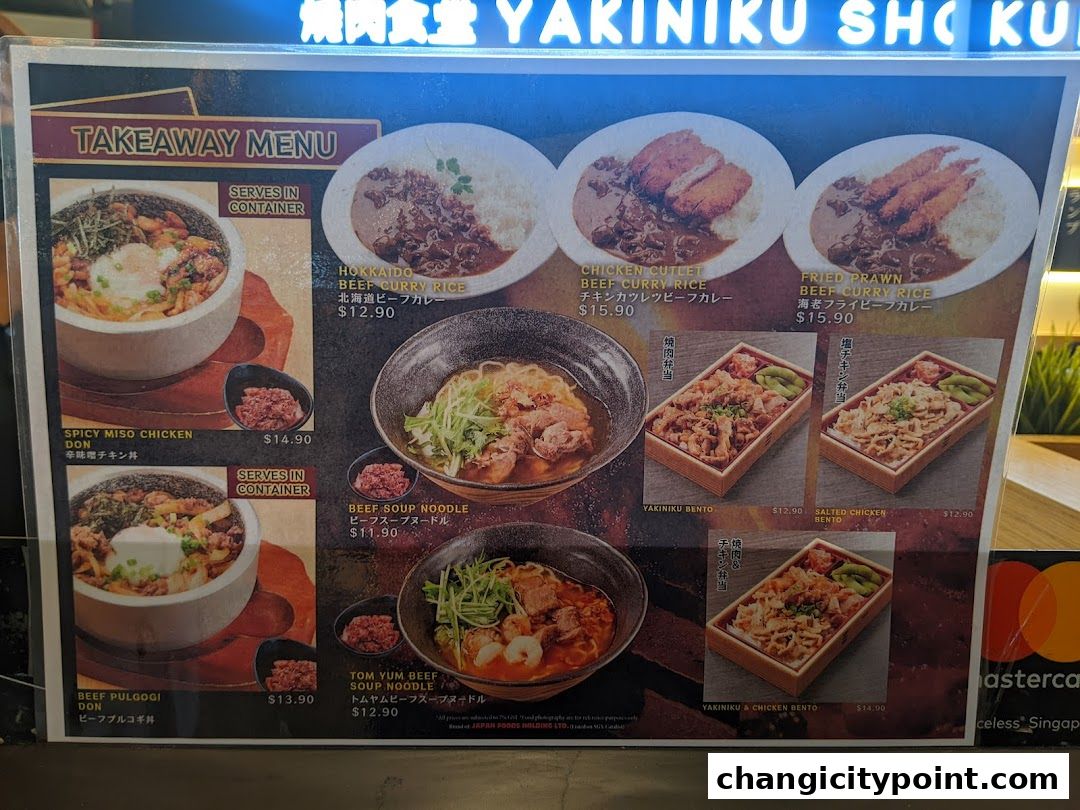 A takeaway menu for Yakiniku Shokudo featuring various rice bowls, noodles, and bento boxes.