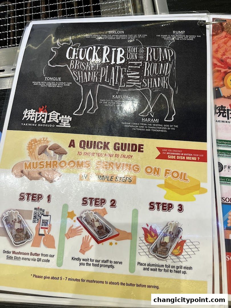 A menu showing cuts of beef and instructions for serving mushrooms on foil.