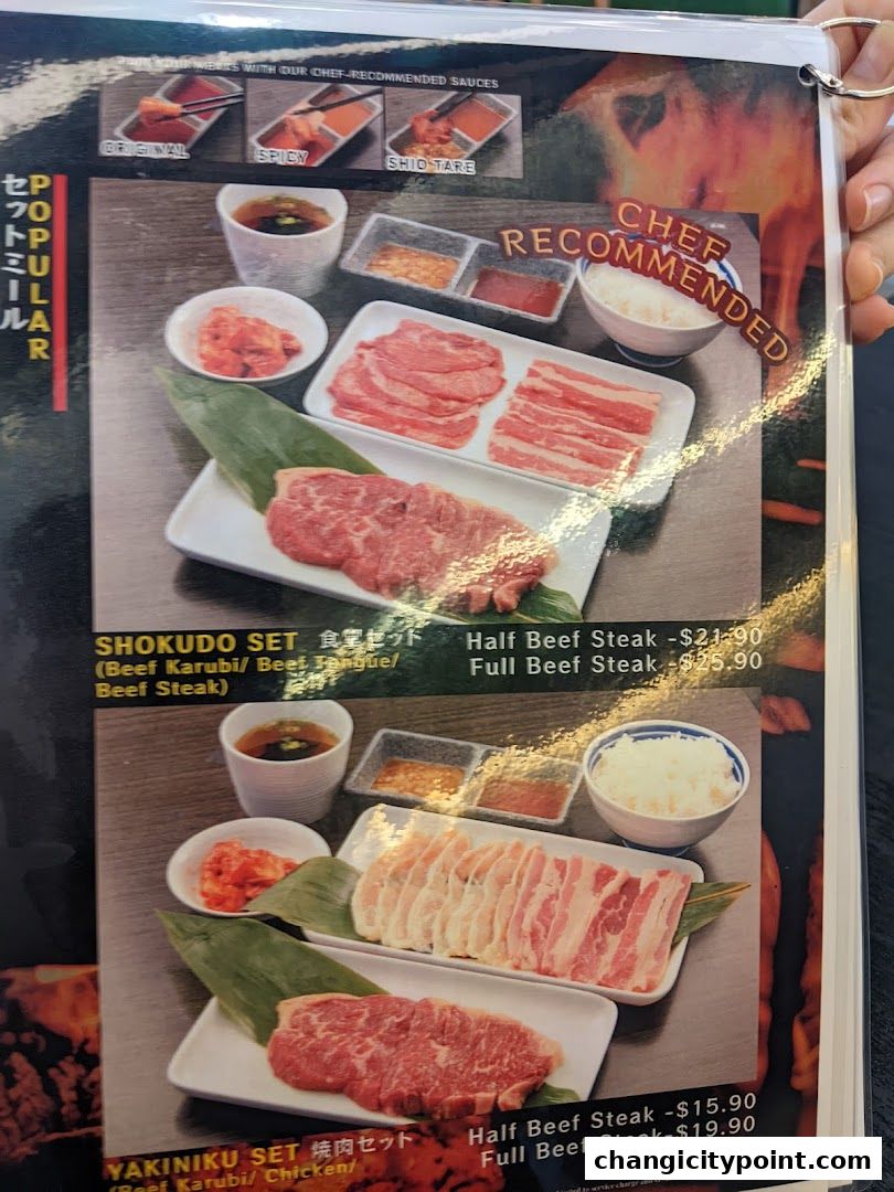 A menu showcasing popular Yakiniku sets with beef and chicken options.