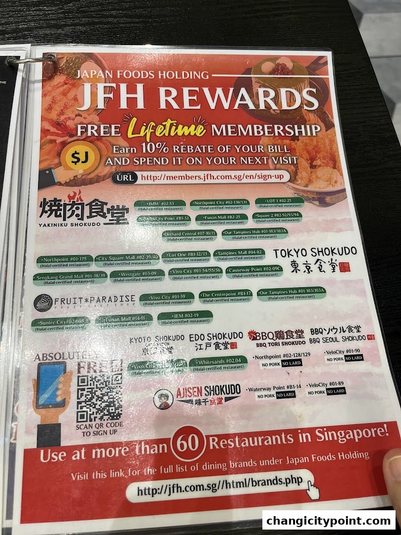 A flyer detailing Japan Foods Holding rewards and restaurant locations.