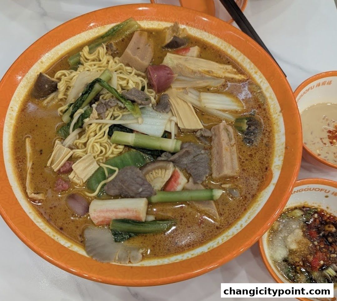 A large bowl of Mala Tang with noodles, meat, vegetables, and tofu skin.