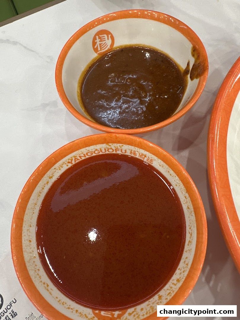 Two bowls of dipping sauces, one dark brown and one red, are shown.