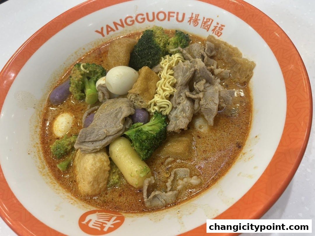 A bowl of Yang Guo Fu Mala Tang with various ingredients in a rich broth.