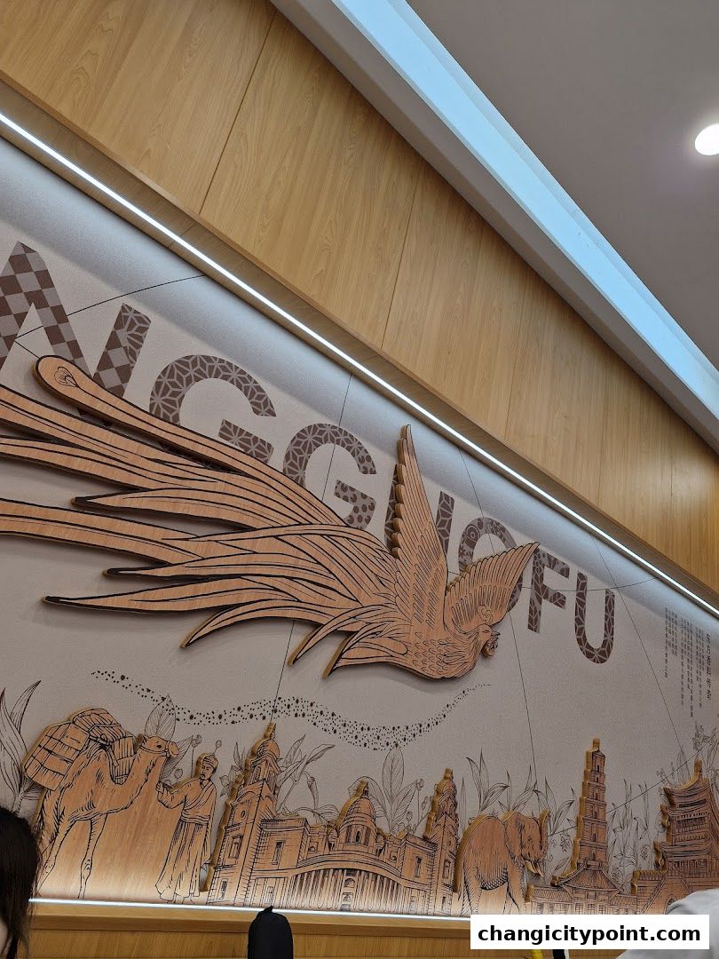 Interior wall art featuring a bird, camel, elephant, and architectural designs.