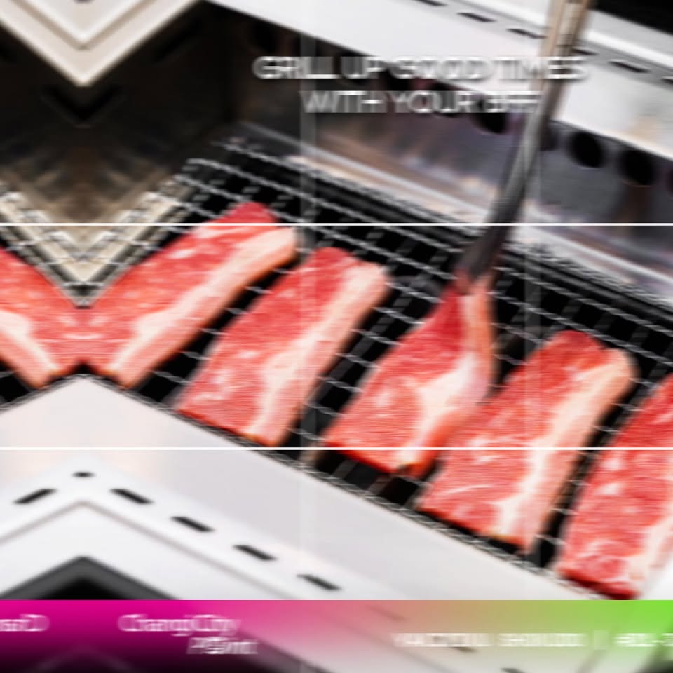 Grilled beef on a grill at Changi City Point promoting Yakiniku Shokudo